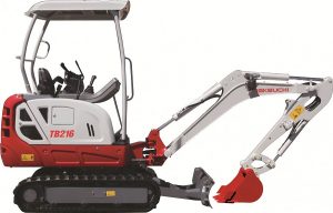 A side profile view of a TB216 Excavator on a white background