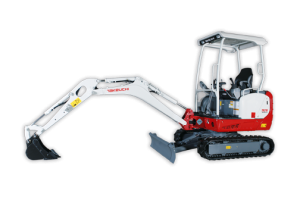 A TB216 excavator with an outstretched boom arm on a white background