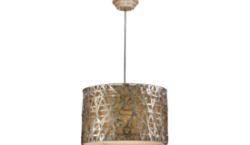 a gold circular chandelier wiht a basket weave design. the chandelier sits on a white background