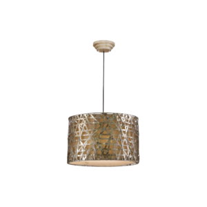 a gold circular chandelier wiht a basket weave design. the chandelier sits on a white background