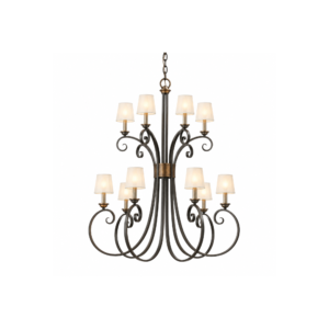 a multi-arm wrought iron chandelier sitting against a black drape