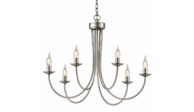 a silver 6 arm candle chandelier on a white background