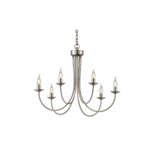 a silver 6 arm candle chandelier on a white background