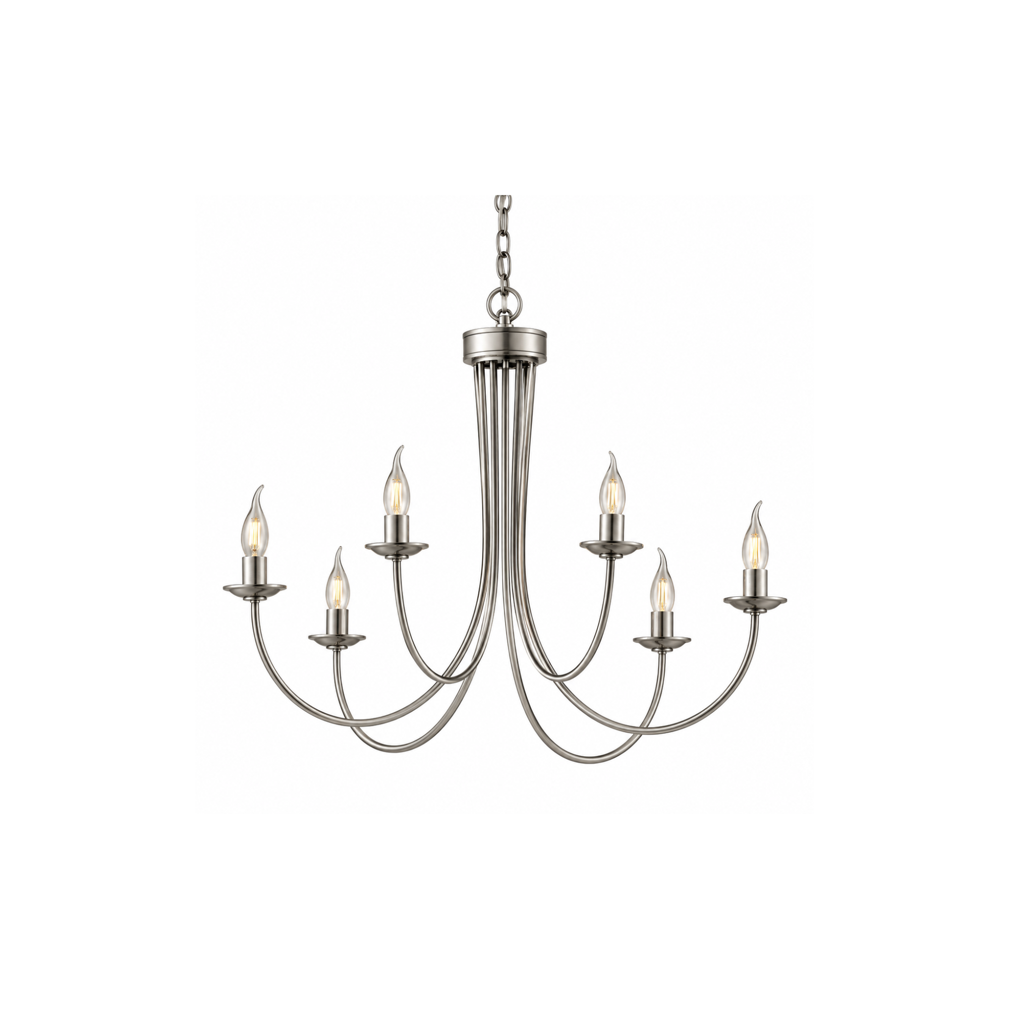 a silver 6 arm candle chandelier on a white background