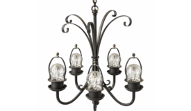 a 5 arm wrought iron chandelier sitting against a white background