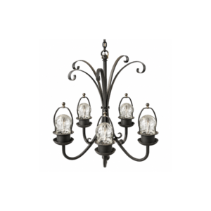 a 5 arm wrought iron chandelier sitting against a white background