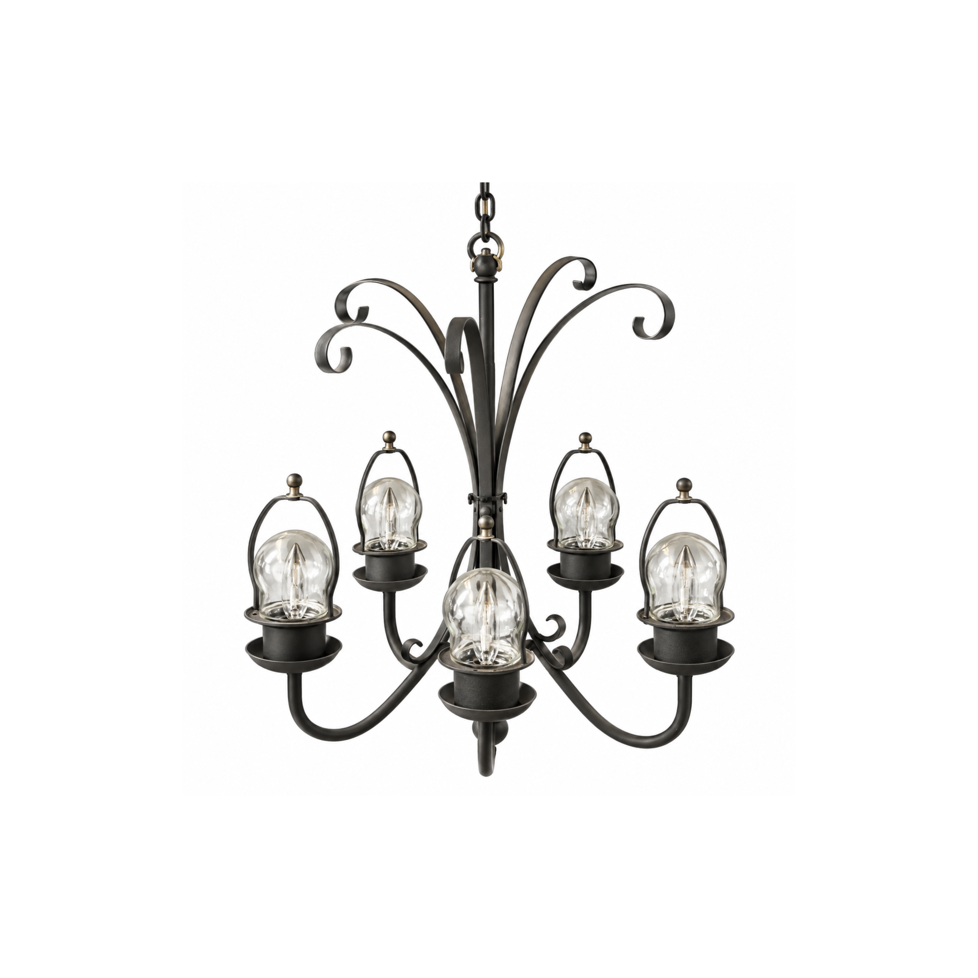 a 5 arm wrought iron chandelier sitting against a white background