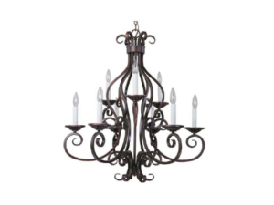 a decorative wrought iron chandelier in the color black, against a white background
