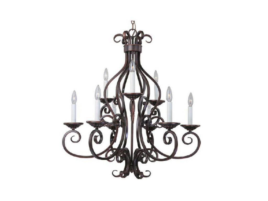 a decorative wrought iron chandelier in the color black, against a white background