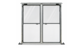a graphic of a tent door with a white vinyl bottom and a glass top half. it sits on a white background