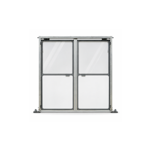 a graphic of a tent door with a white vinyl bottom and a glass top half. it sits on a white background