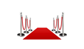 a red carpet with silver stanchions and red velvet rope on a white background