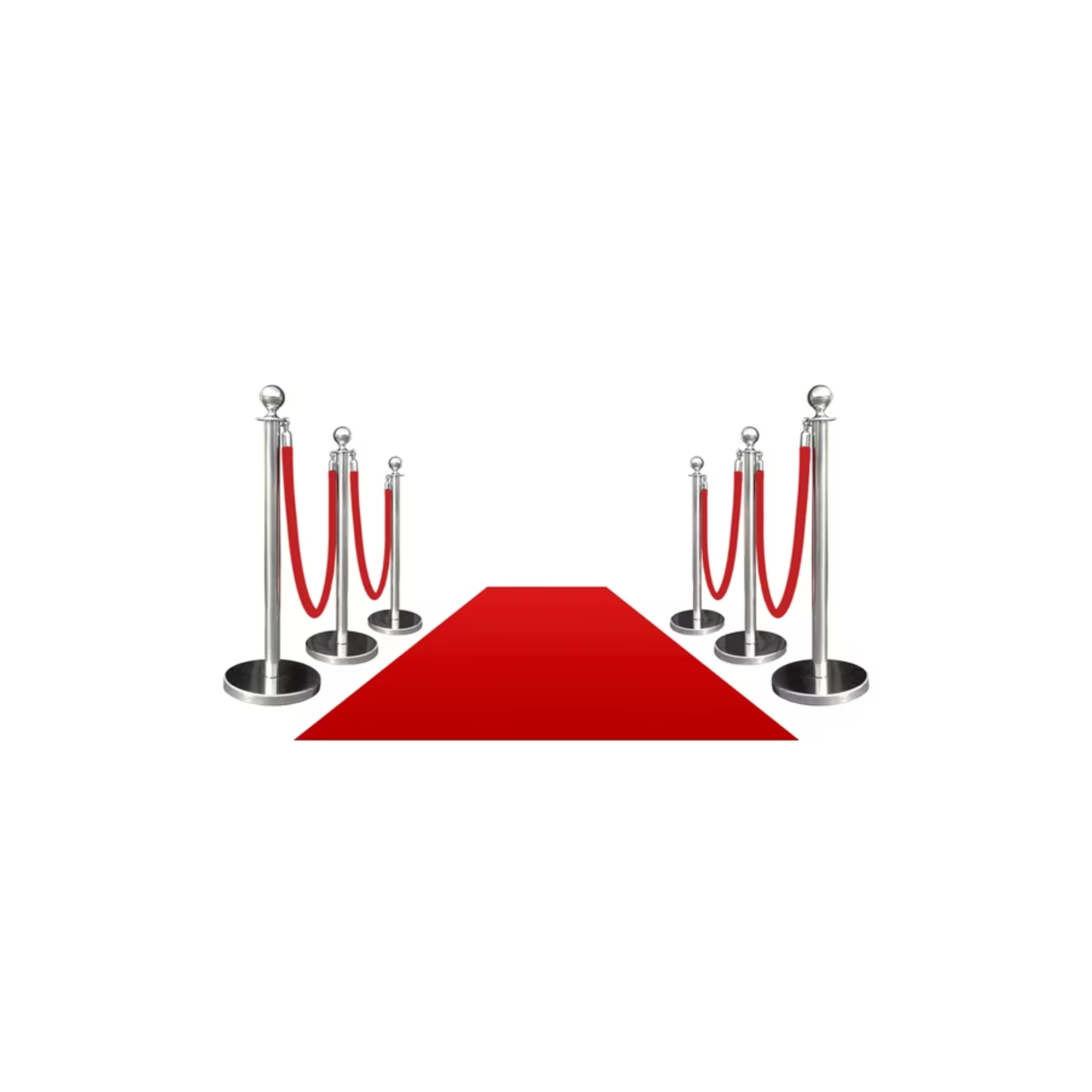 a red carpet with silver stanchions and red velvet rope on a white background